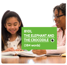 A girl reads aloud a 384 word passage called The Elephant and the Crocodile. The passage has a Lexile oral reading measure of 810L.