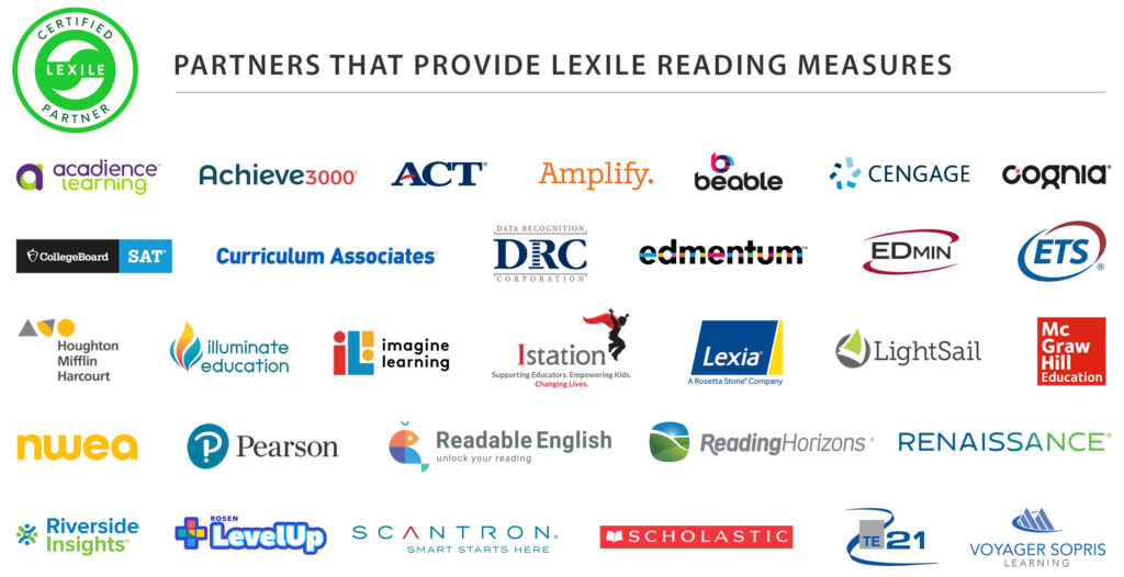 Logo wall features sampling of certified partners that provide Lexile reading measures.