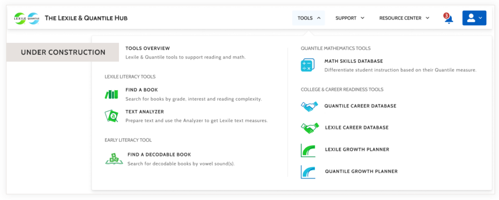 Preview of the new Tools menu coming to the Lexile and Quantile Hub.